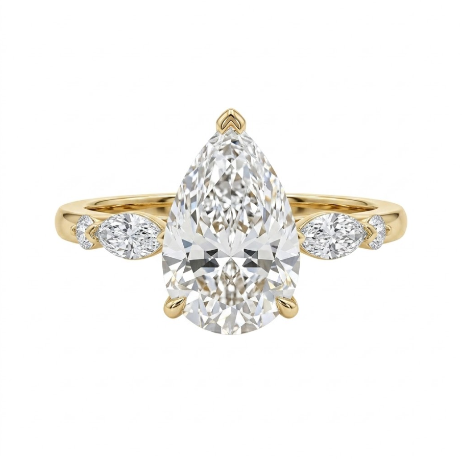 Pear Shape Lab-Grown Diamond Engagement Ring | 14K Yellow Gold | 2.22 CTW | Marquise & Round Accent Setting - Brownee Jewelers