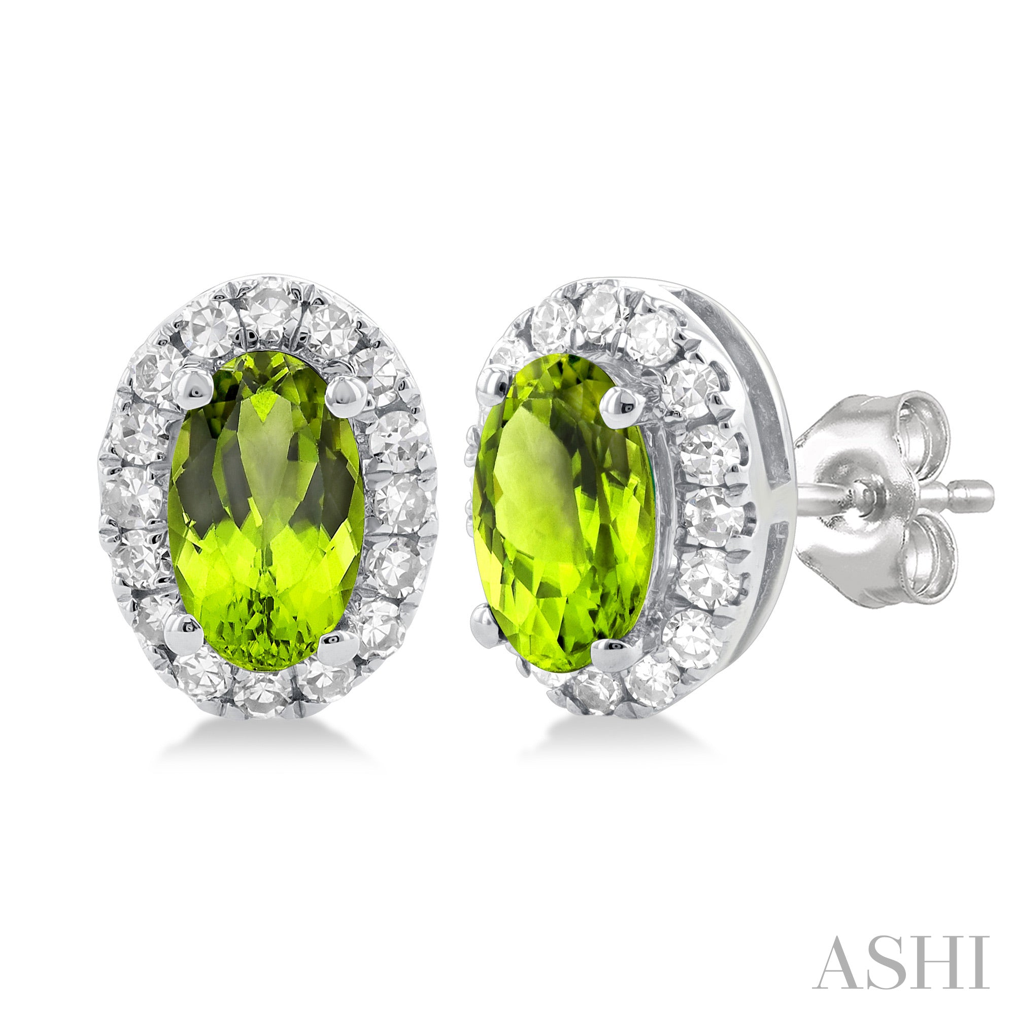 Peridot & Diamond Halo Stud Earrings, 0.13 ctw