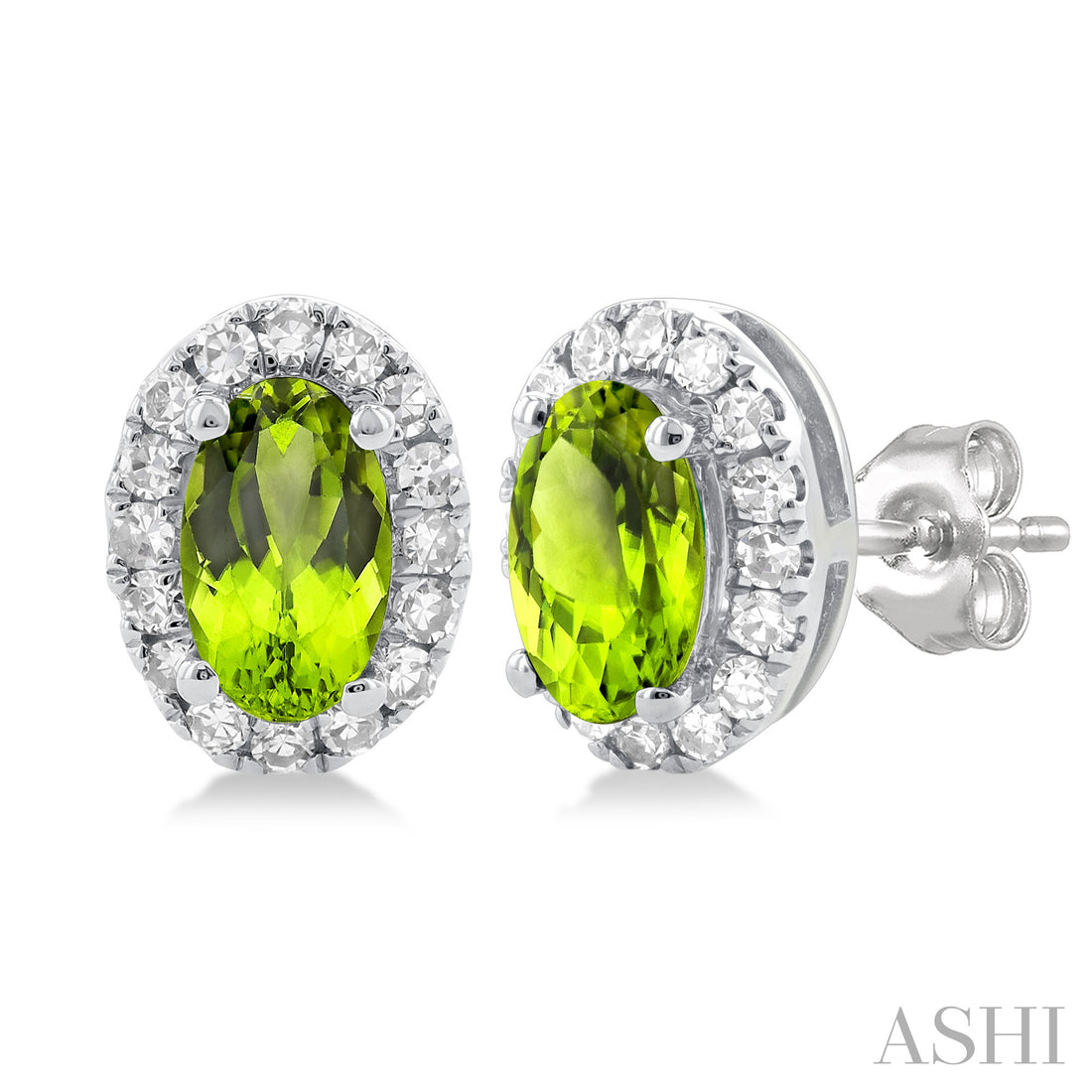 Peridot & Diamond Halo Stud Earrings, 0.13 ctw