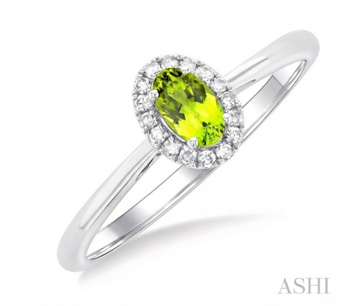 Peridot & Diamond Halo Ring, 0.07 ctw | 10K White Gold | - Brownee Jewelers