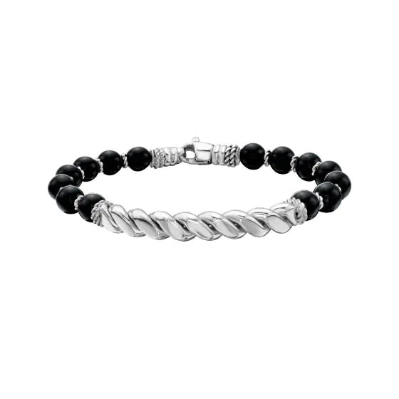 Black Onyx Bead Bracelet | Sterling Silver | Men's Bracelet | Rhodium-Finished Twisted Center Bar | 8mm Black Onyx | 8 Inches | Lobster Clasp - Brownee Jewelers