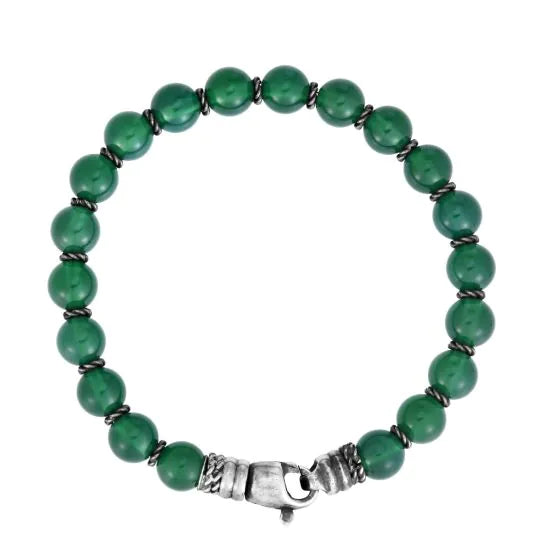 Green Agate Bead Bracelet | Sterling Silver | Men's Bracelet | Round Green Agate Beads | 8.25 Inches | Lobster Clasp - Brownee Jewelers