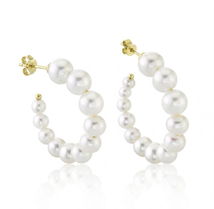 Cultured Pearl Hoop Earrings | 14K Yellow Gold | Classic Beaded Pearl Hoops - Brownee Jewelers
