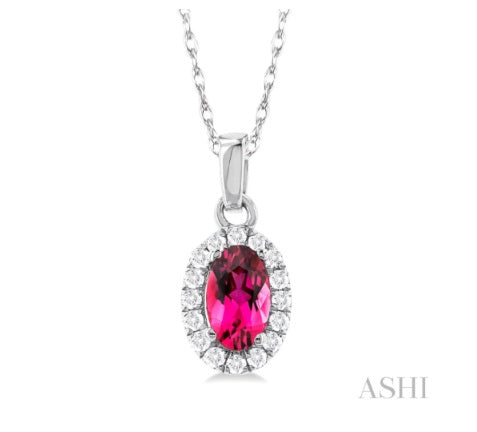 10K White Gold Oval Pink Tourmaline & Diamond Halo Pendant Necklace – 1/20 CTW
