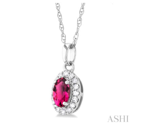 10K White Gold Oval Pink Tourmaline & Diamond Halo Pendant Necklace – 1/20 CTW