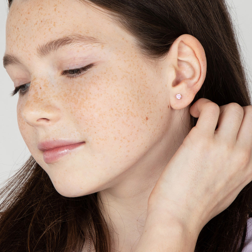 Sterling Silver & 14K Yellow Gold-Plated October Pink CZ Kids Stud Earrings