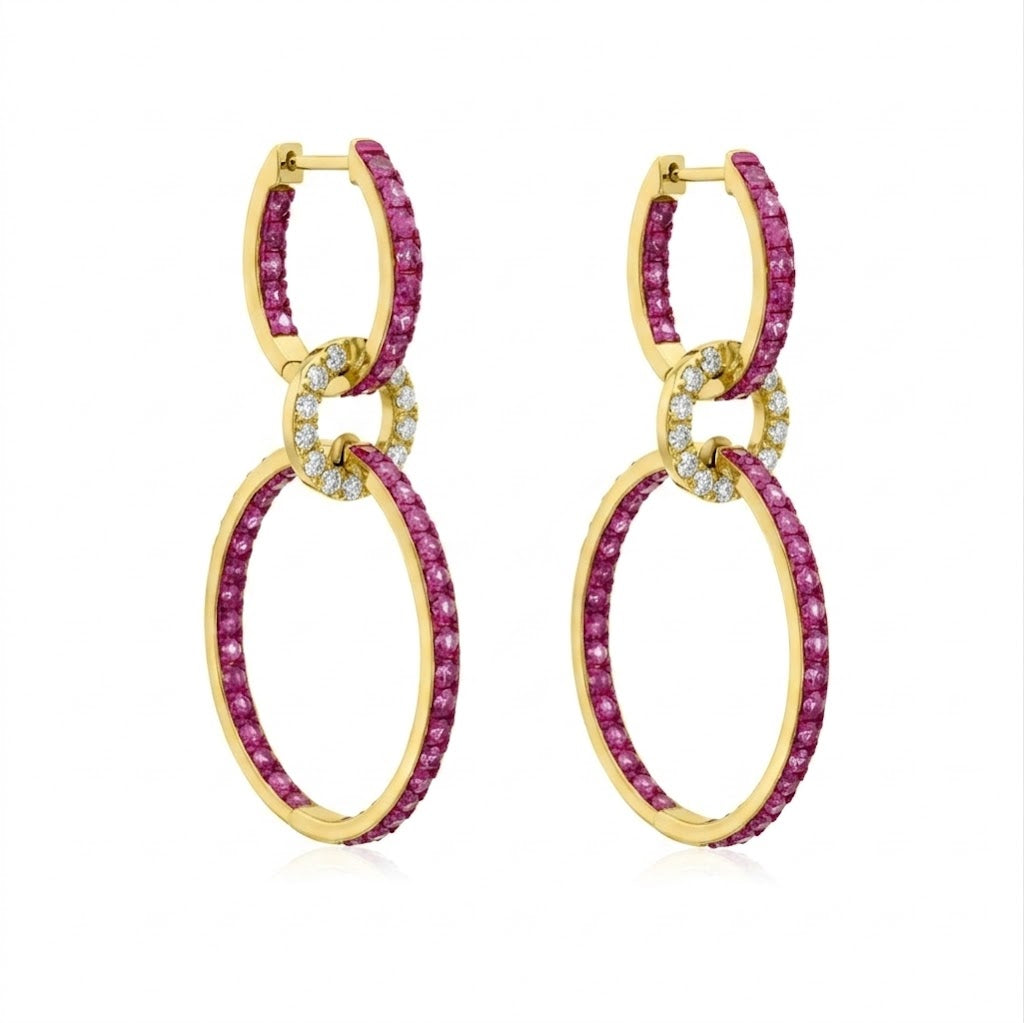 Pink Sapphire & Diamond Oval Link Dangle Earrings | 14K Yellow Gold | 3.56 CT Pink Sapphire