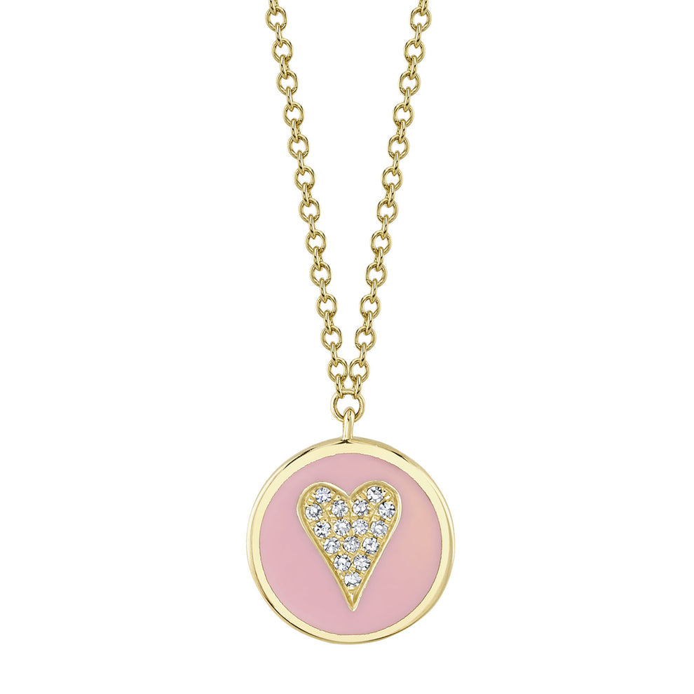 DIAMOND AND PINK ENAMEL HEART NECKLACE IN 14K YELLOW GOLD