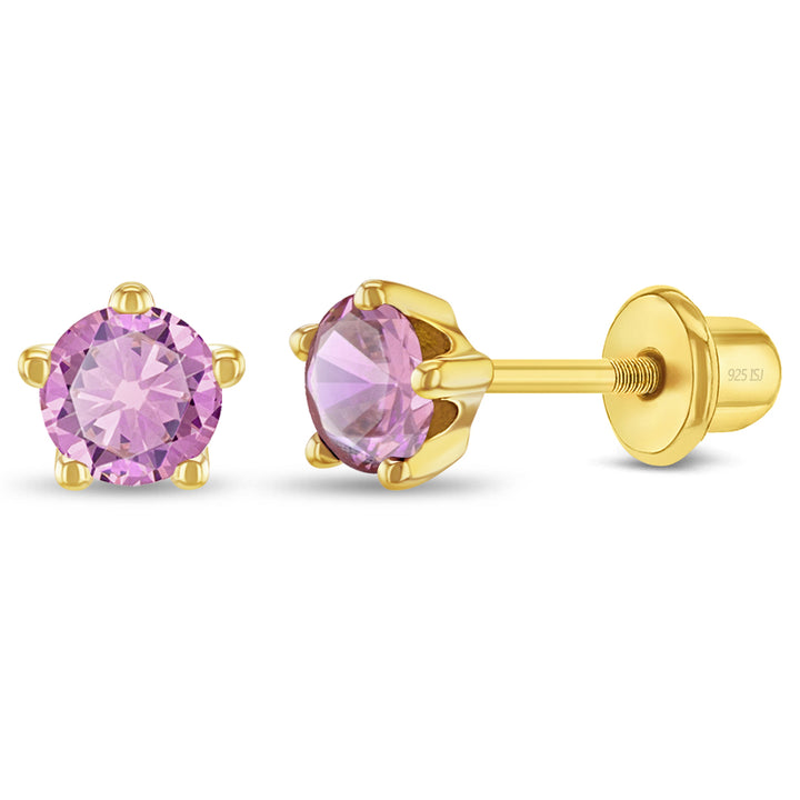 October Pink CZ Kids Stud Earrings | Sterling Silver & 14K Yellow Gold-Plated | 5mm Birthstone Studs | Screw Backs | GP-03-01155 - Brownee Jewelers