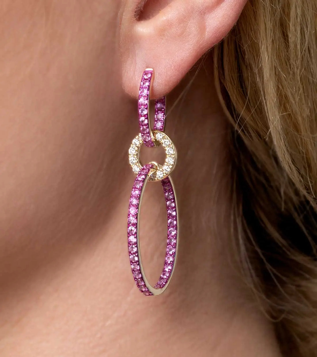 Pink Sapphire & Diamond Oval Link Dangle Earrings | 14K Yellow Gold | 3.56 CT Pink Sapphire