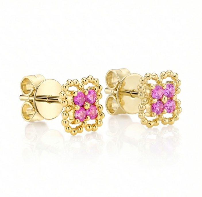 Pink Sapphire Clover Stud Earrings | 14K Yellow Gold | 0.22 ctw | Stud Earrings - Brownee Jewelers
