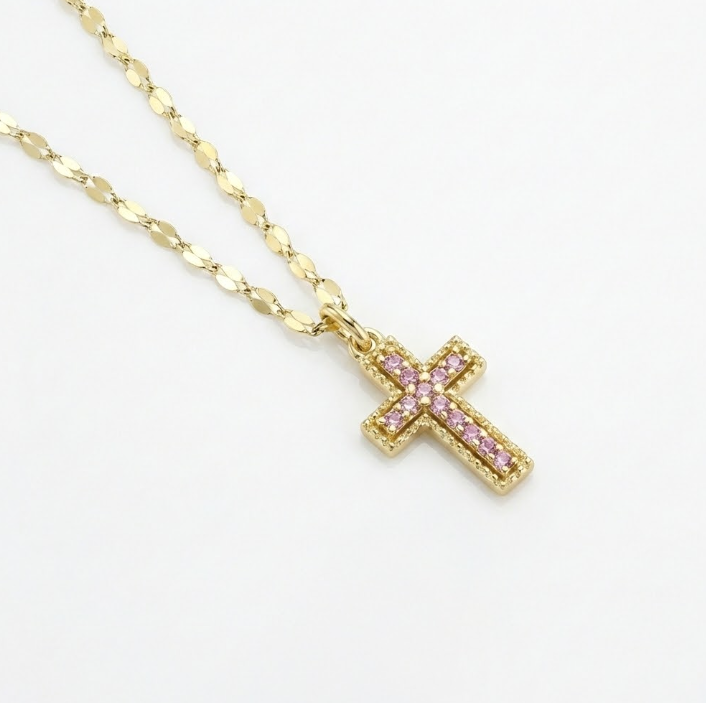 Pink Sapphire Cross Necklace | 14K Yellow Gold | 0.11 ctw Pink Sapphires - Brownee Jewelers