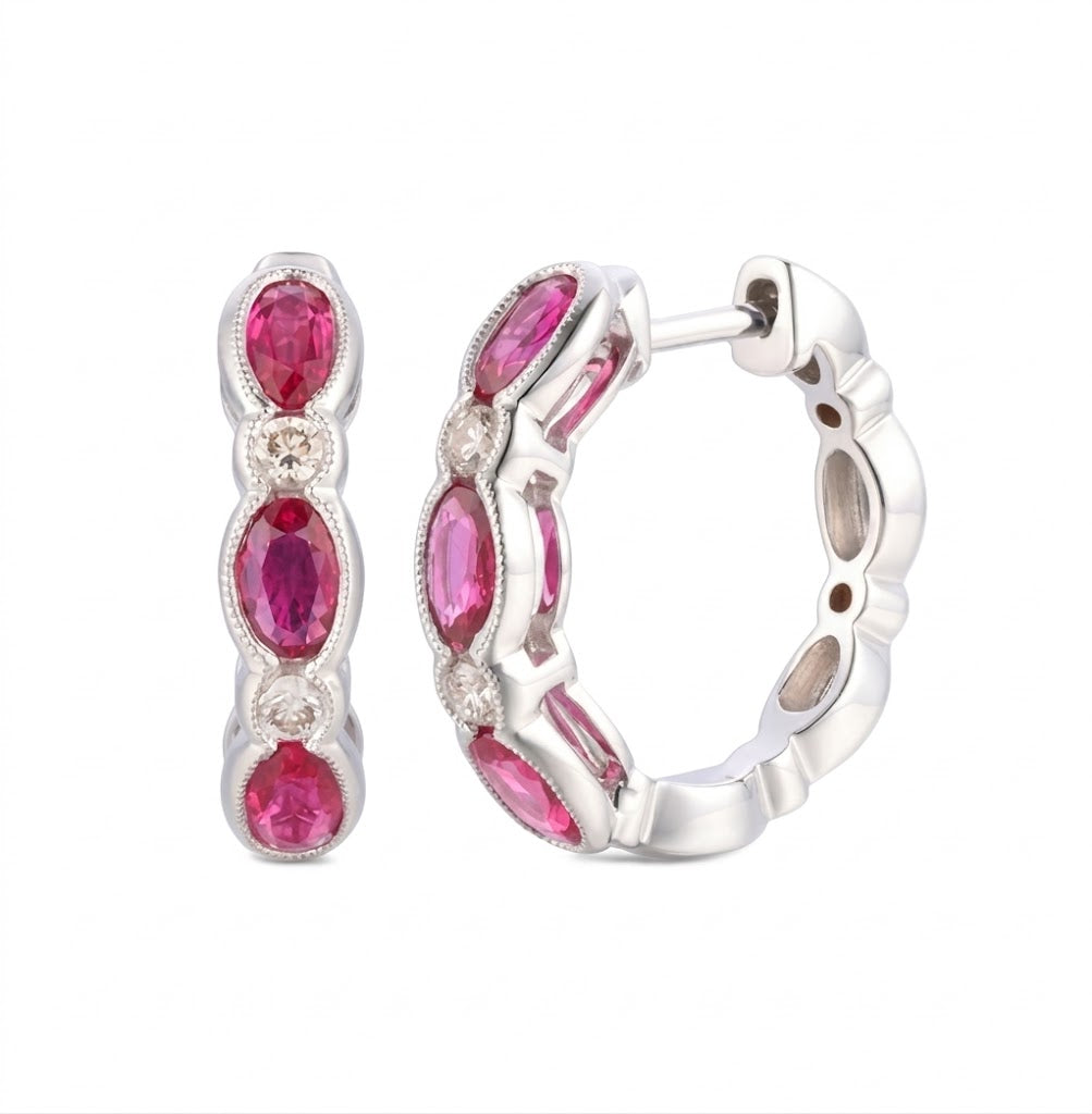 Le Vian® 14K Vanilla Gold® Passion Ruby® & Vanilla Diamond® Hoop Earrings These stunning Le Vian® hoops showcase 1 1/2 cts. of Passion Ruby® in a beautiful alternating pattern of oval and marquise shapes, radiating rich, vibrant pink-red color