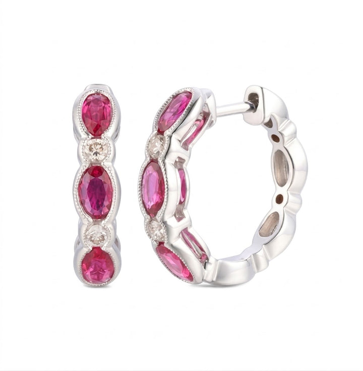 Le Vian® 14K Vanilla Gold® Passion Ruby® & Vanilla Diamond® Hoop Earrings These stunning Le Vian® hoops showcase 1 1/2 cts. of Passion Ruby® in a beautiful alternating pattern of oval and marquise shapes, radiating rich, vibrant pink-red color