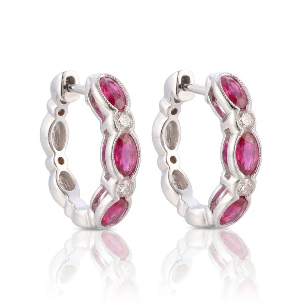 Le Vian® 14K Vanilla Gold® Passion Ruby® & Vanilla Diamond® Hoop Earrings These stunning Le Vian® hoops showcase 1 1/2 cts. of Passion Ruby® in a beautiful alternating pattern of oval and marquise shapes, radiating rich, vibrant pink-red color