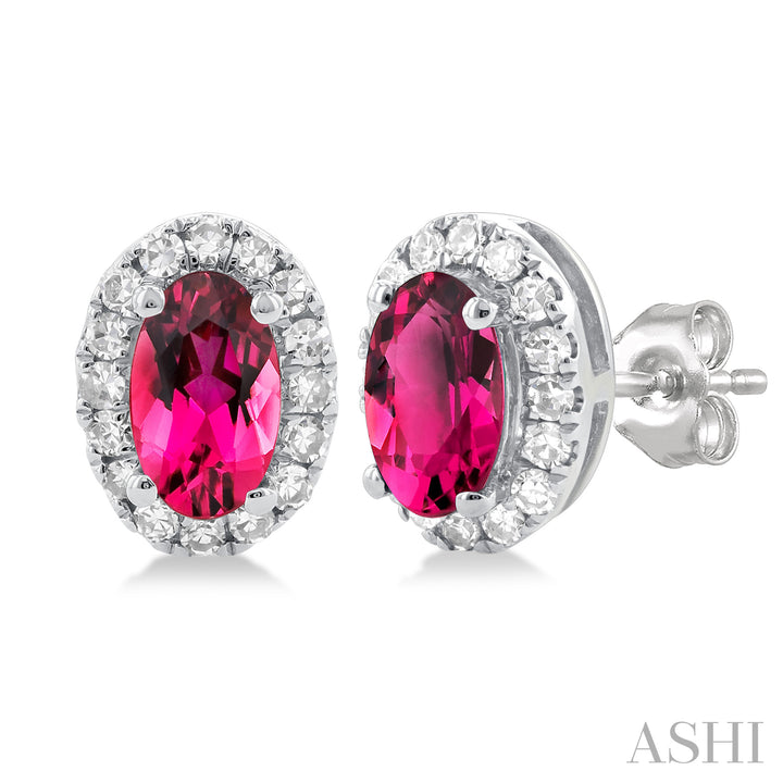 Pink Tourmaline & Diamond Halo Stud Earrings, 0.13 ctw | 10K White Gold | - Brownee Jewelers