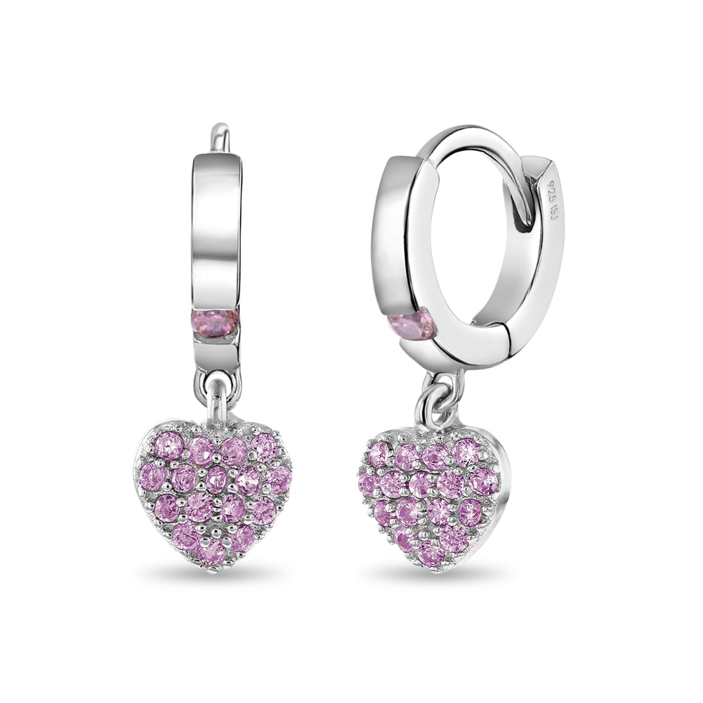 8mm Sterling Silver Pink Pavé Cubic Zirconia Heart Huggie Dangle Earrings
