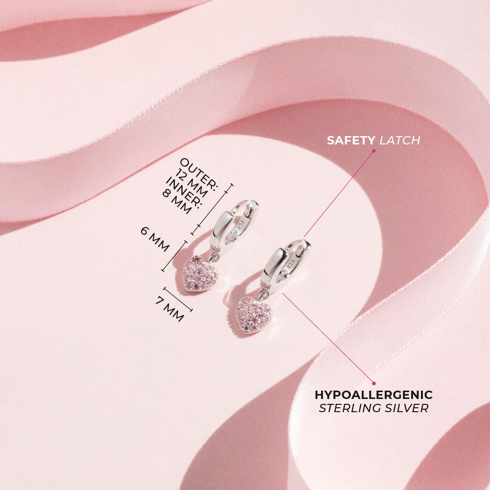 8mm Sterling Silver Pink Pavé Cubic Zirconia Heart Huggie Dangle Earrings