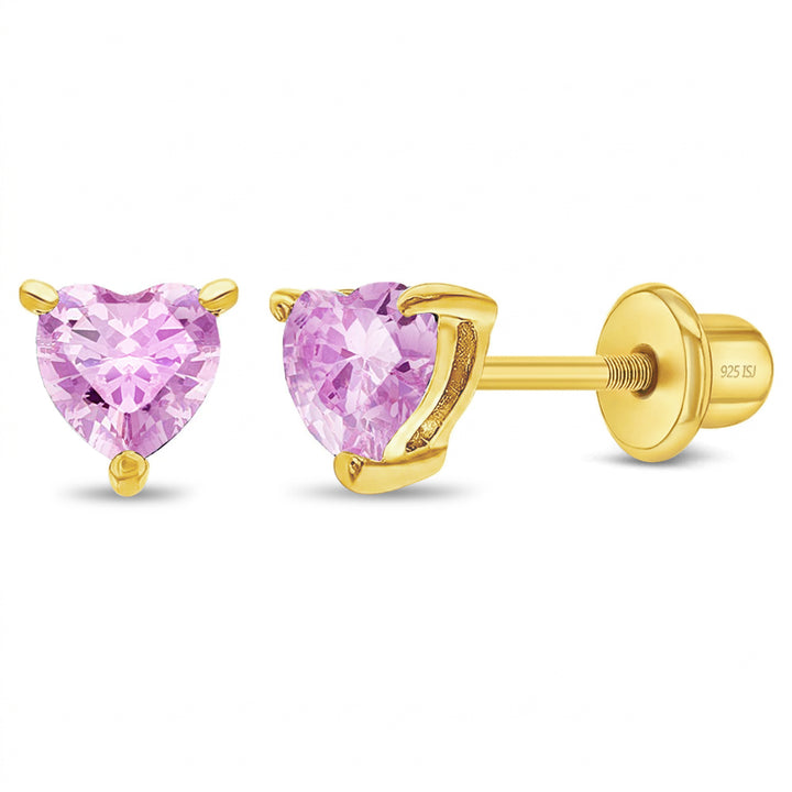 October Heart CZ Children's Stud Earrings | Sterling Silver & 14K Yellow Gold-Plated | 4mm | Screw Backs | GP-03-01274 - Brownee Jewelers