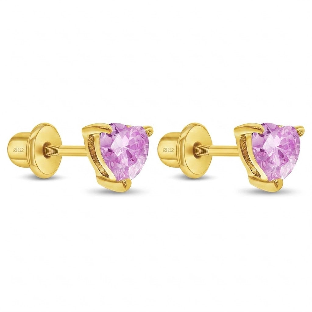 4mm Sterling Silver and 14K Gold October Heart Pink Cubic Zirconia Children's Stud Earrings with Screw Backs