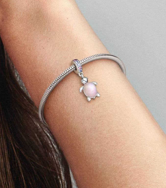 Pandora Pink Murano Glass Sea Turtle Dangle Charm in Sterling Silver with Pink and Purple Man-Made Crystal on the Bail