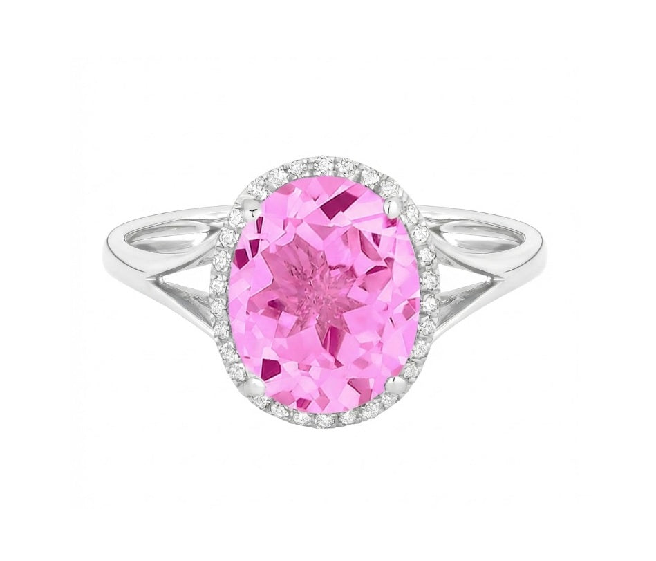 Madison L | Oval Created Pink Sapphire & Diamond Halo Ring | 14K White Gold | Halo Gemstone Ring - Brownee Jewelers