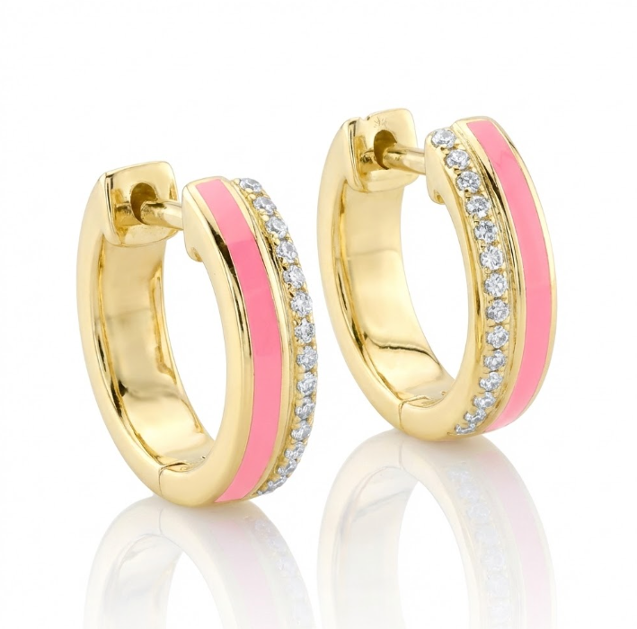Diamond & Pink Enamel Huggie Earrings | 14K Yellow Gold | 0.08 ctw | Modern Color Hoops - Brownee Jewelers