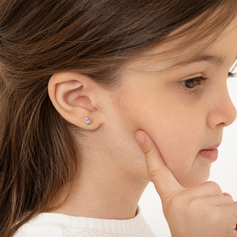 Sterling Silver & 14K Yellow Gold-Plated October Heart Pink CZ Bezel Kids Stud Earrings with Screw Backs