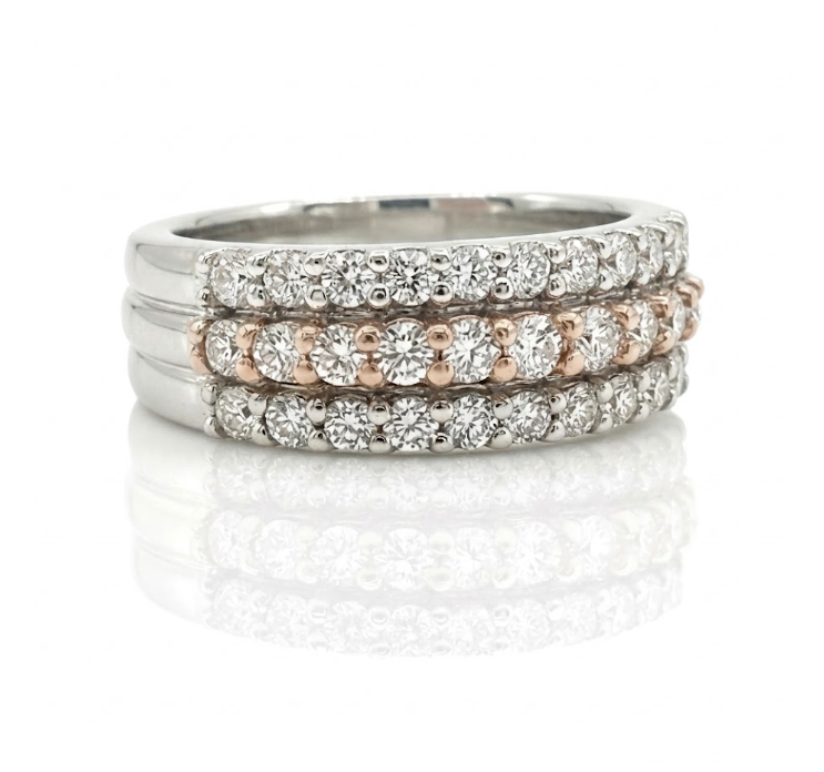 Three-Row Diamond Band | 14K White & Rose Gold | Mixed Metal Stackable Ring - Brownee Jewelers