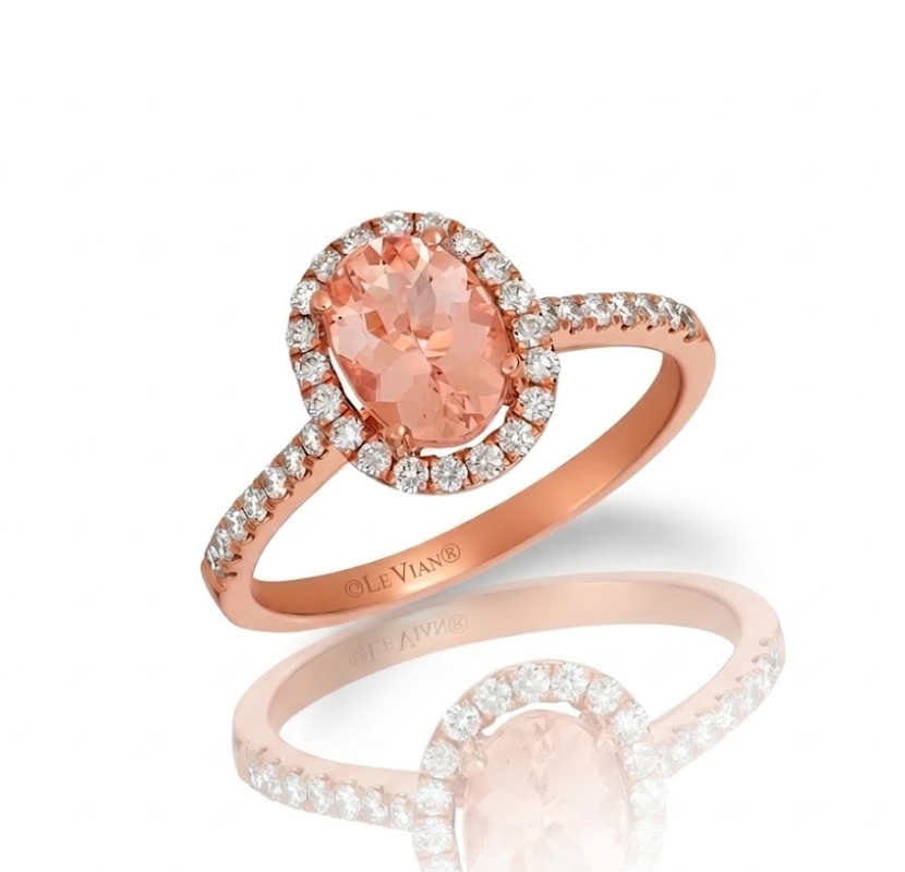 Oval Morganite & Diamond Halo Ring | 14K Strawberry Gold® | Vanilla Diamonds® | YRCH 36 - Brownee Jewelers