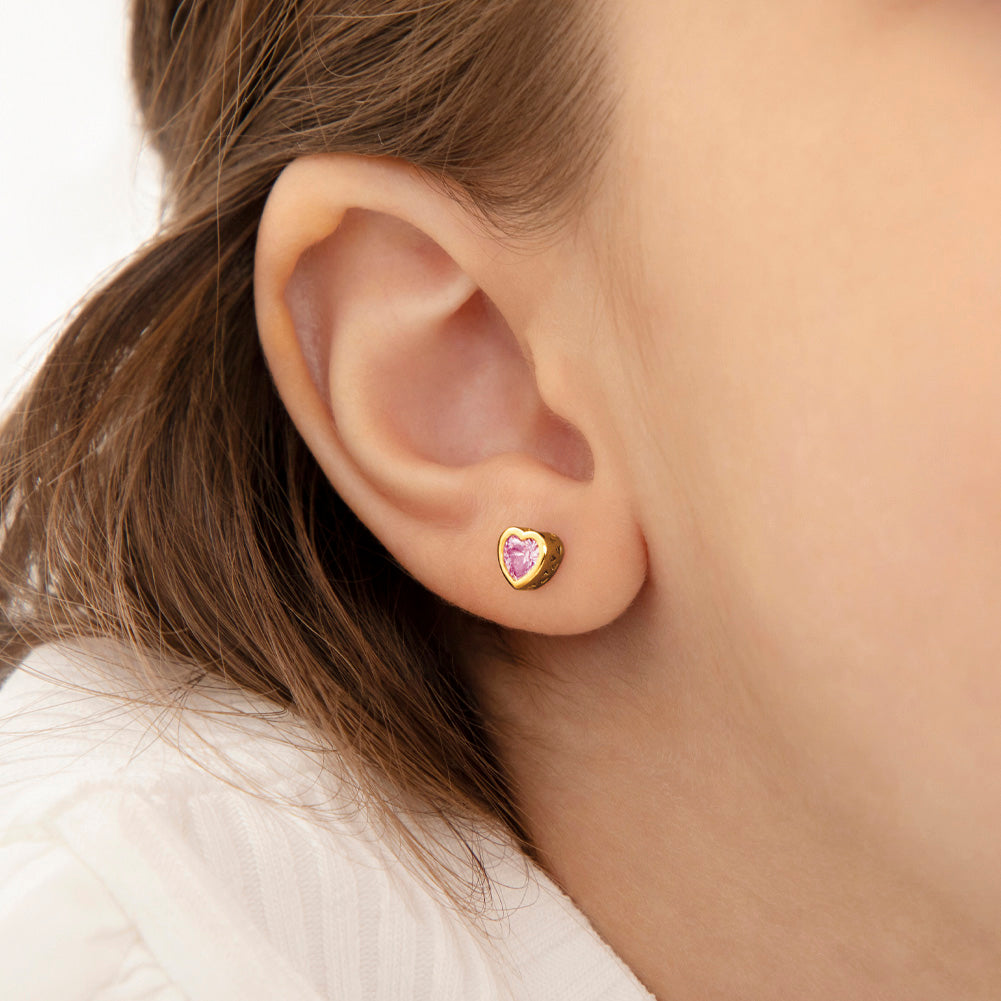 Sterling Silver & 14K Yellow Gold-Plated October Heart Pink CZ Bezel Kids Stud Earrings with Screw Backs