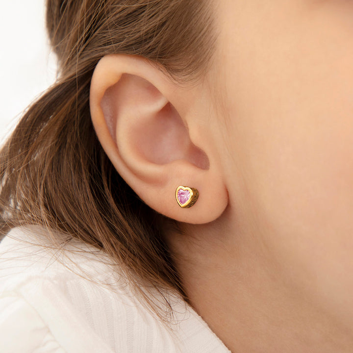 October Heart Pink CZ Bezel Kids Stud Earrings | Sterling Silver & 14K Yellow Gold-Plated | October Birthstone | Screw Back | GP-03-01151 - Brownee Jewelers
