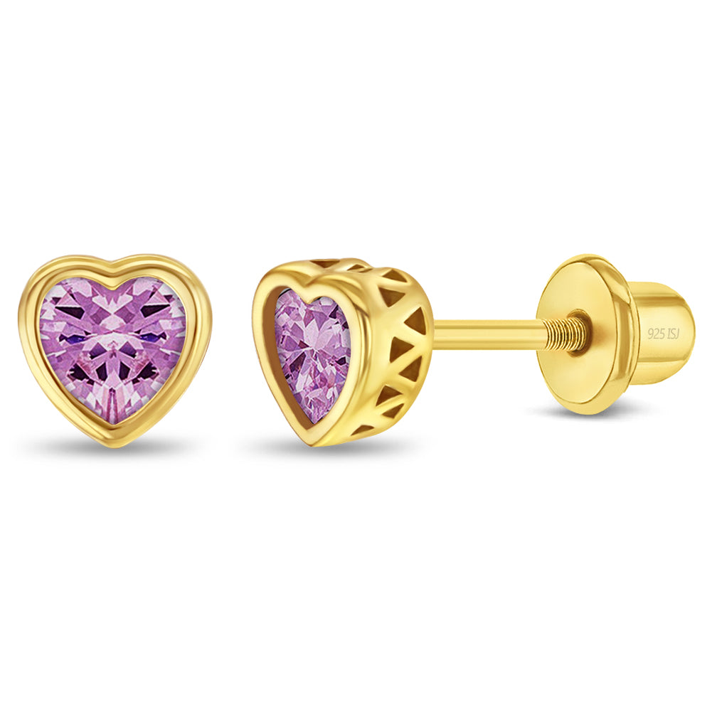 Sterling Silver & 14K Yellow Gold-Plated October Heart Pink CZ Bezel Kids Stud Earrings with Screw Backs