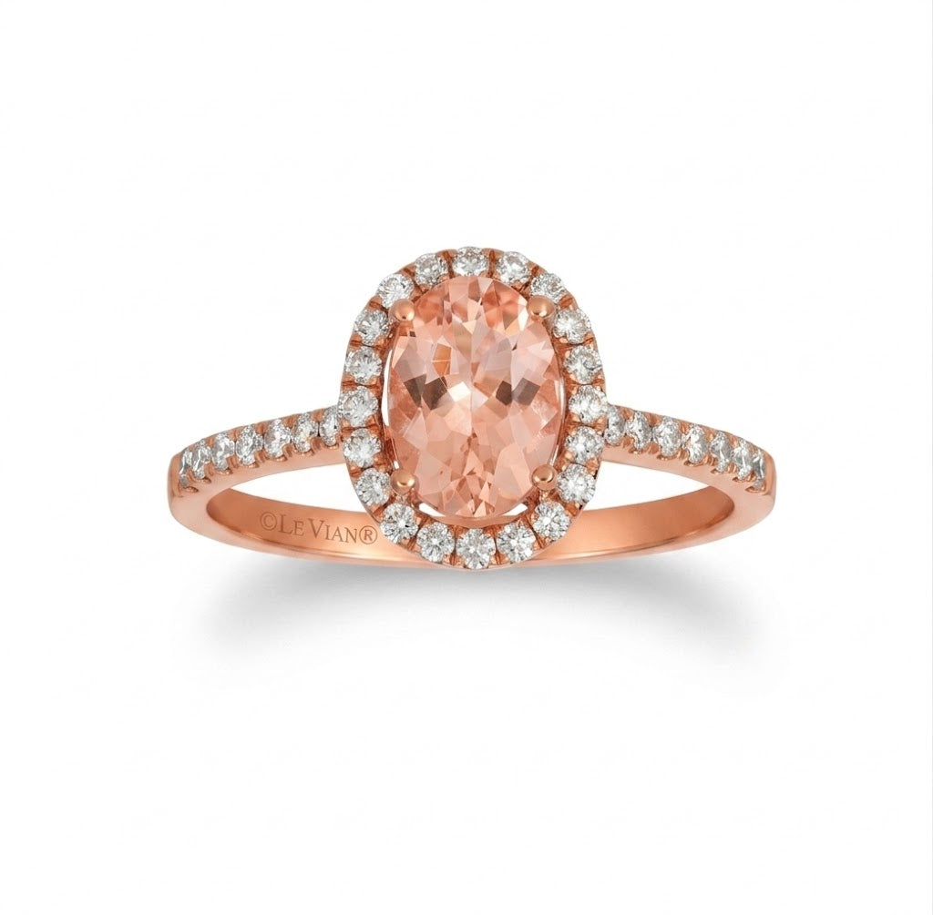 Oval Morganite & Diamond Halo Ring | 14K Strawberry Gold® | Vanilla Diamonds® | YRCH 36 - Brownee Jewelers