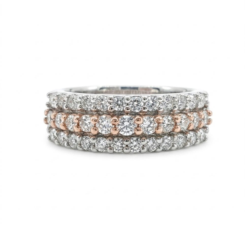 Three-Row Diamond Band | 14K White & Rose Gold | Mixed Metal Stackable Ring - Brownee Jewelers