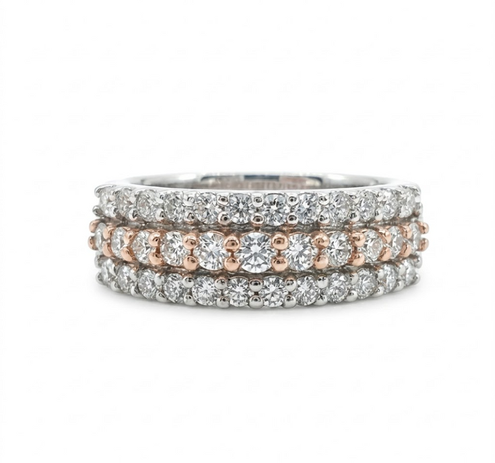 Three-Row Diamond Band | 14K White & Rose Gold | Mixed Metal Stackable Ring - Brownee Jewelers