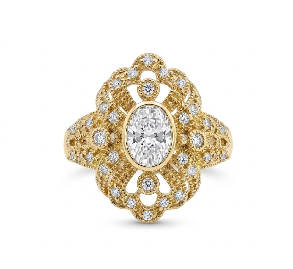 Oval Diamond Halo Ring | 14K Yellow Gold | 0.94 ct Center | Round Diamond Accents | Statement Cocktail Style - Brownee Jewelers