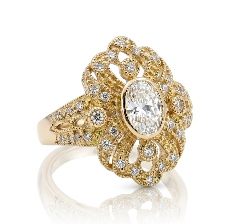 Oval Diamond Halo Ring | 14K Yellow Gold | 0.94 ct Center | Round Diamond Accents | Statement Cocktail Style - Brownee Jewelers