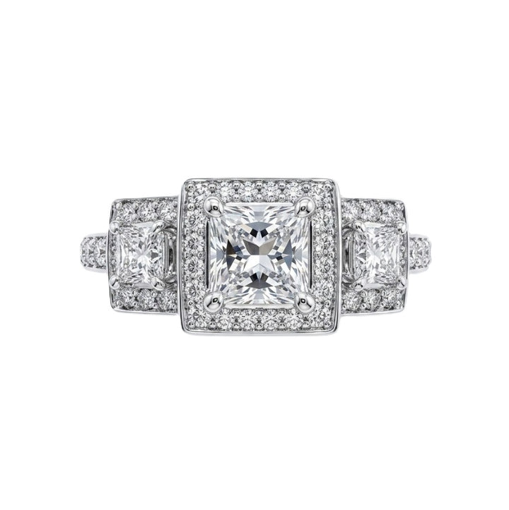 Princess Cut Diamond Halo Ring | 14K White Gold | 0.70 CT Princess-Cut Center Diamond | Princess & Round Diamond Accents | Three-Stone Halo Design | JAGI23181004 - Brownee Jewelers