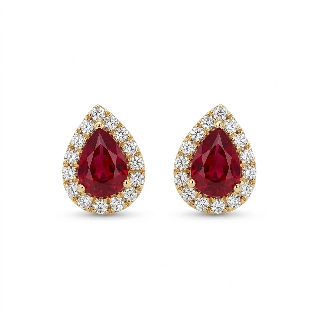 Pear-Shaped Ruby with Round Diamond Halo Stud Earrings in 14kt Yellow Gold