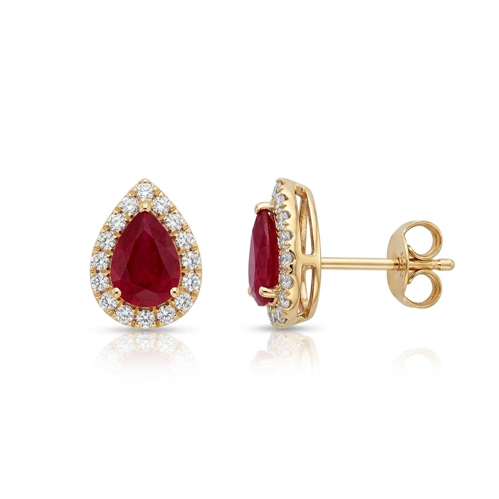 Pear-Shaped Ruby with Round Diamond Halo Stud Earrings in 14kt Yellow Gold