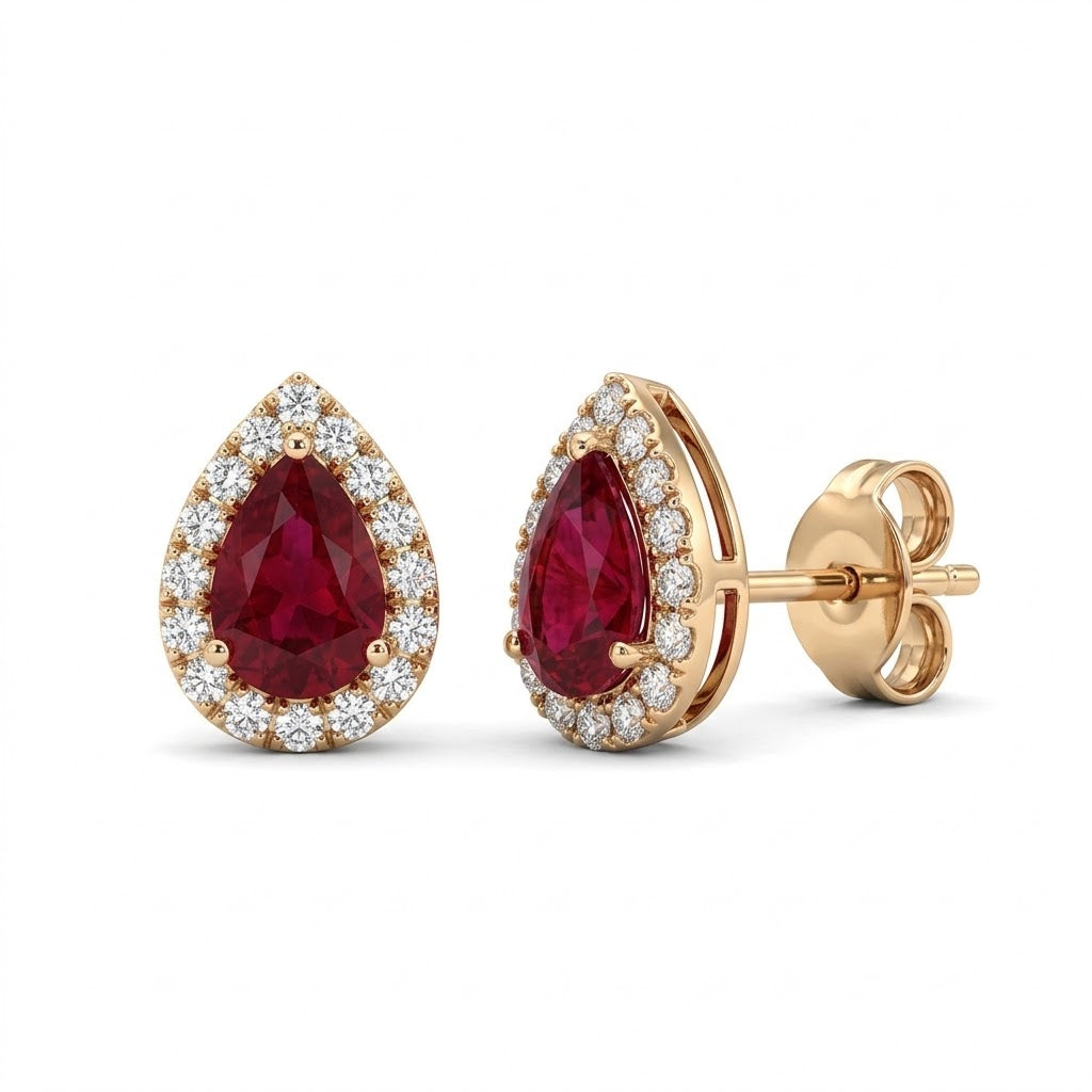 Pear-Shaped Ruby with Round Diamond Halo Stud Earrings in 14kt Yellow Gold