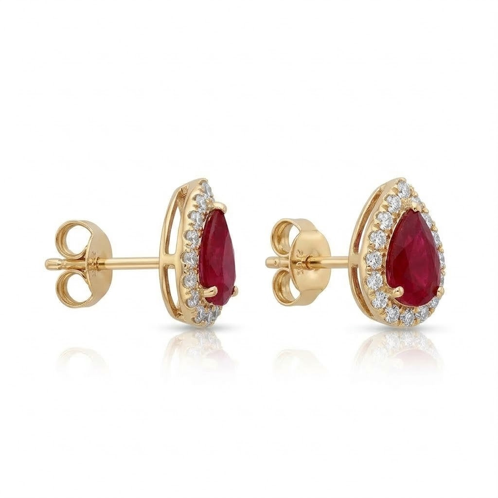 Pear-Shaped Ruby with Round Diamond Halo Stud Earrings in 14kt Yellow Gold