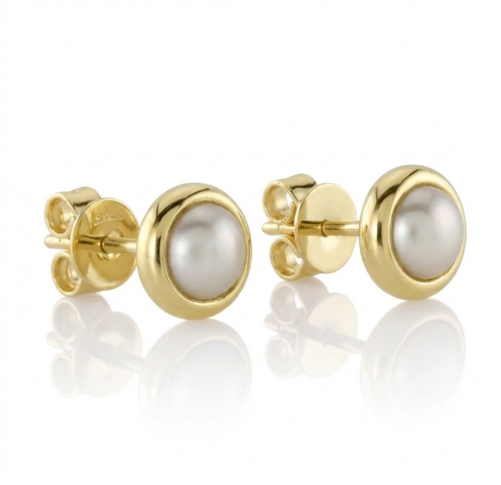 Cultured Pearl Stud Earrings | 14K Yellow Gold | Classic Bezel Pearl Studs - Brownee Jewelers