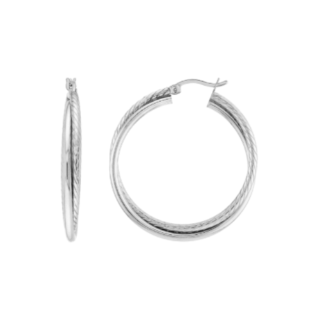 Polished and Twisted Double Hoop Earrings in Rhodium-Plated Sterling Silver