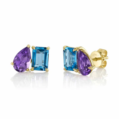 Blue Topaz & Amethyst Stud Earrings | 14K Yellow Gold | Mixed Gemstone Studs - Brownee Jewelers