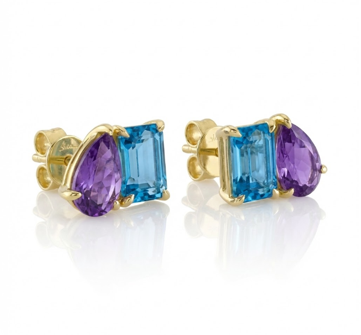 Blue Topaz & Amethyst Stud Earrings | 14K Yellow Gold | Mixed Gemstone Studs - Brownee Jewelers