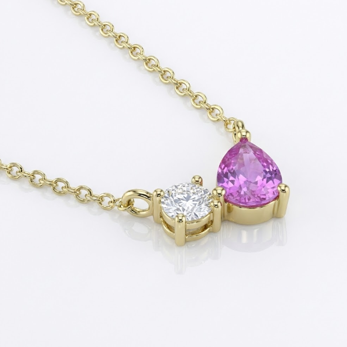 Pink Sapphire & Diamond Pear Necklace | 14K Yellow Gold | 0.56 ctw | Two-Stone Pendant - Brownee Jewelers