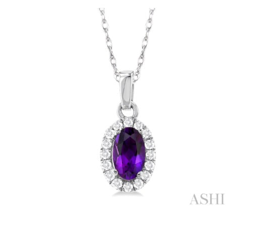 Amethyst & Diamond Halo Pendant, 0.07 ctw | 10K White Gold | 5×3 mm | - Brownee Jewelers