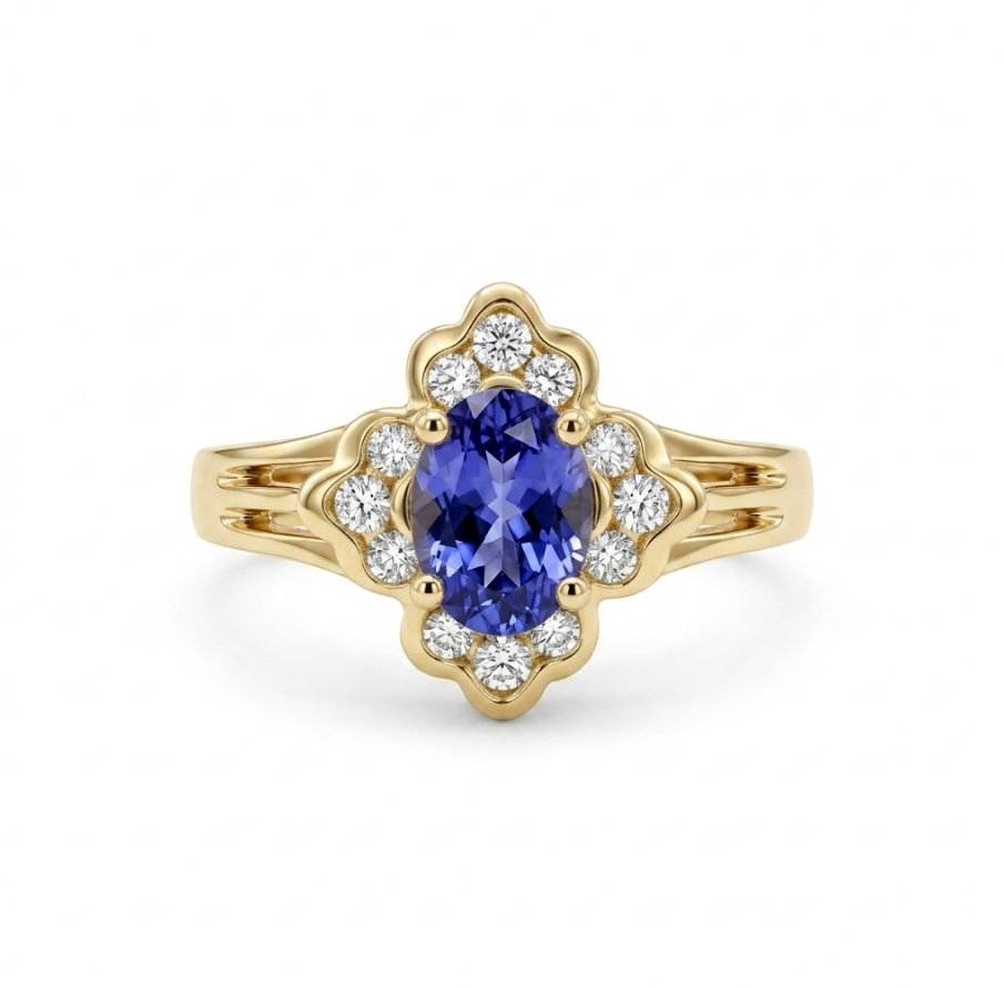 Oval Tanzanite Ring | 14K Yellow Gold | Diamond Halo Cluster Ring | Vintage-Inspired Floral Design - Brownee Jewelers